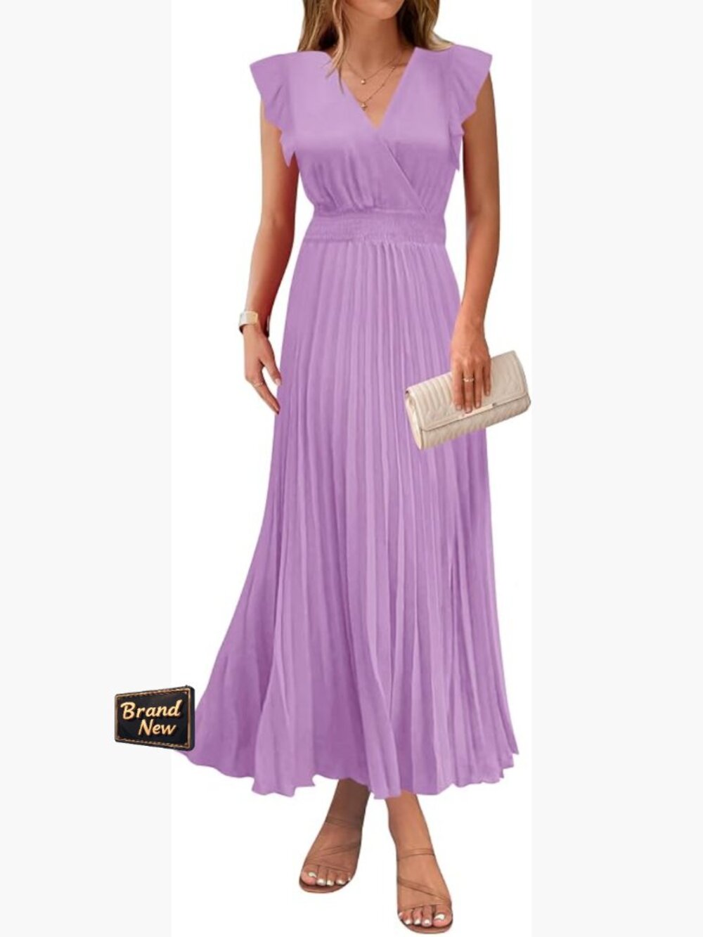 Elegant V-Neck Maxi Dress Ruffle Flutter Sleeve Empire Waist Pleated Flowy